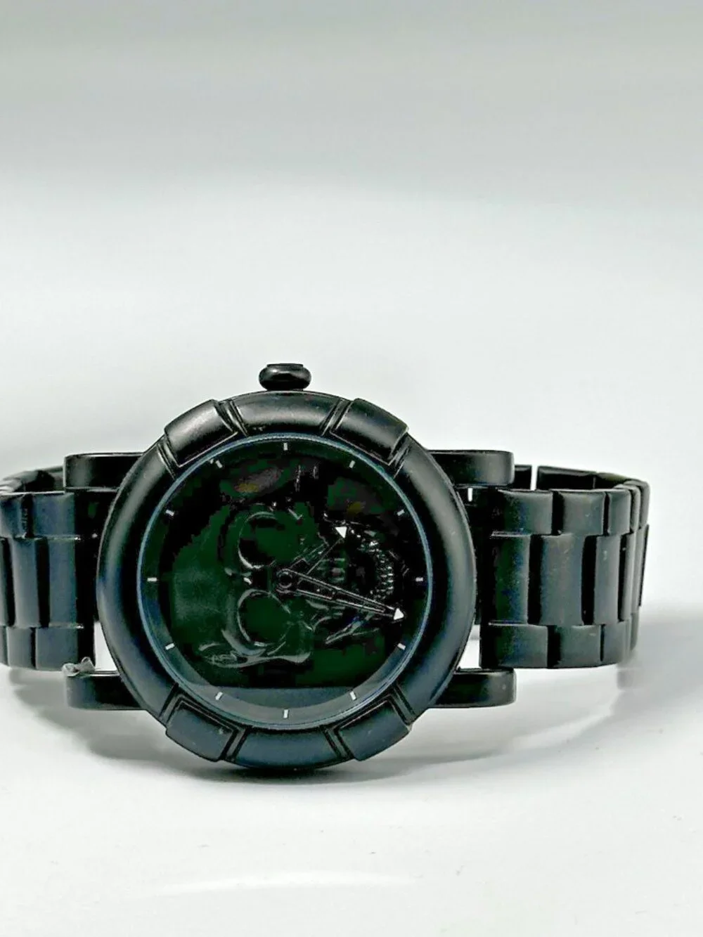 Skmei Skull Dial Watch Men All Black 46MM Round Dial New Battery 8.75 Inch